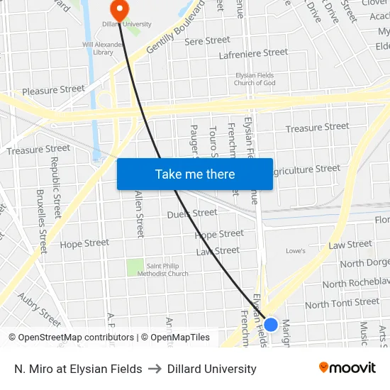 N. Miro at Elysian Fields to Dillard University map