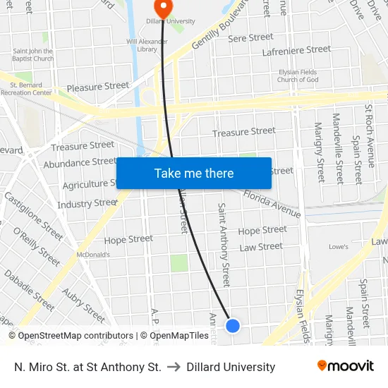 N. Miro St. at St Anthony St. to Dillard University map