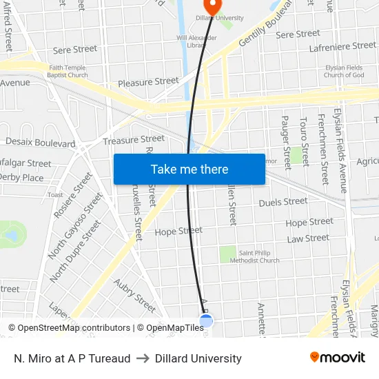 N. Miro at A P Tureaud to Dillard University map