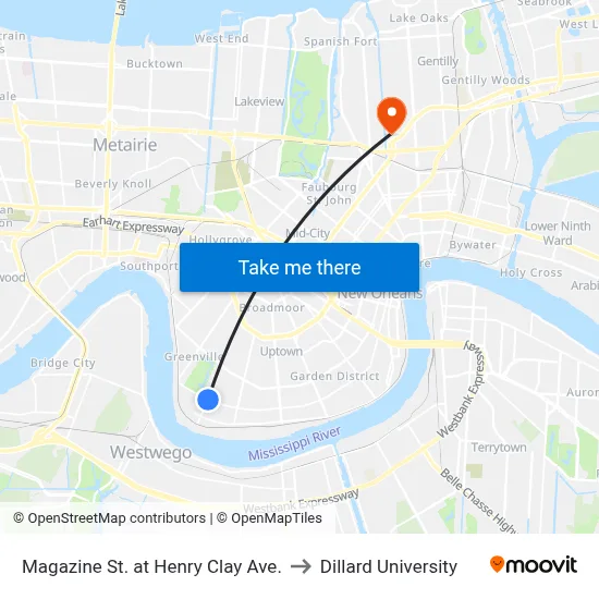 Magazine St. at Henry Clay Ave. to Dillard University map