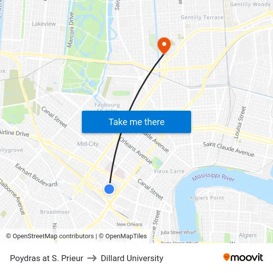 Poydras at S. Prieur to Dillard University map