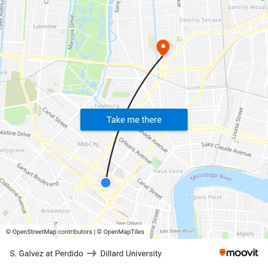 S. Galvez at Perdido to Dillard University map