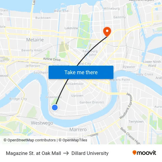 Magazine St. at Oak Mall to Dillard University map