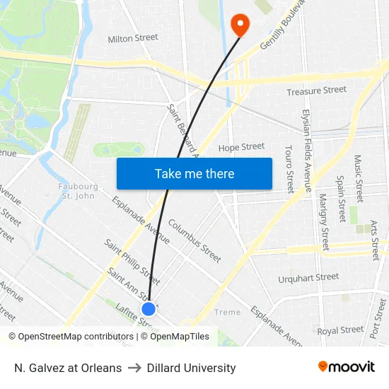N. Galvez at Orleans to Dillard University map