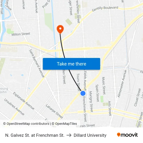 N. Galvez St. at Frenchman St. to Dillard University map