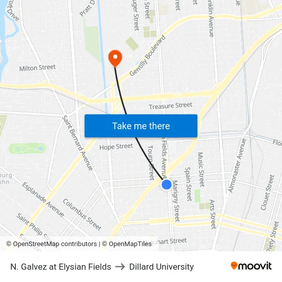N. Galvez at Elysian Fields to Dillard University map