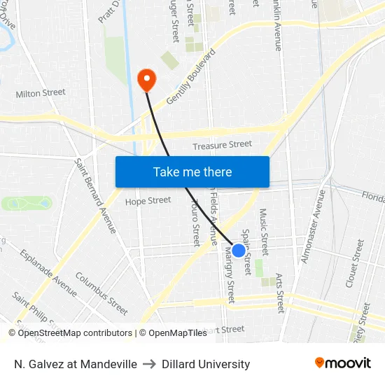 N. Galvez at Mandeville to Dillard University map