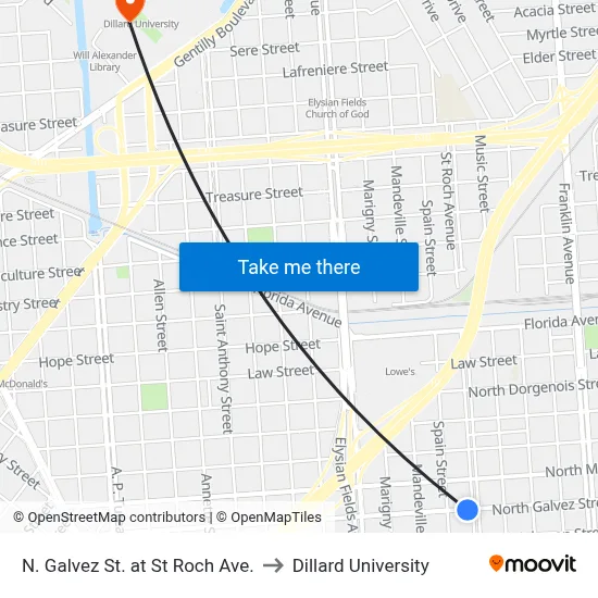 N. Galvez St. at St Roch Ave. to Dillard University map