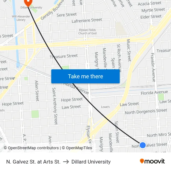 N. Galvez St. at Arts St. to Dillard University map