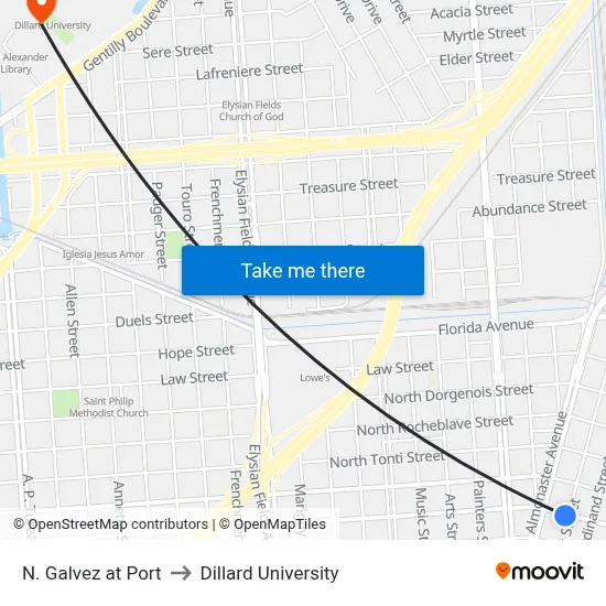 N. Galvez at Port to Dillard University map