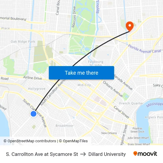 S. Carrollton Ave at Sycamore St to Dillard University map