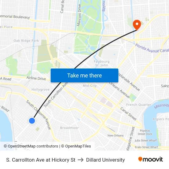 S. Carrollton Ave at Hickory St to Dillard University map