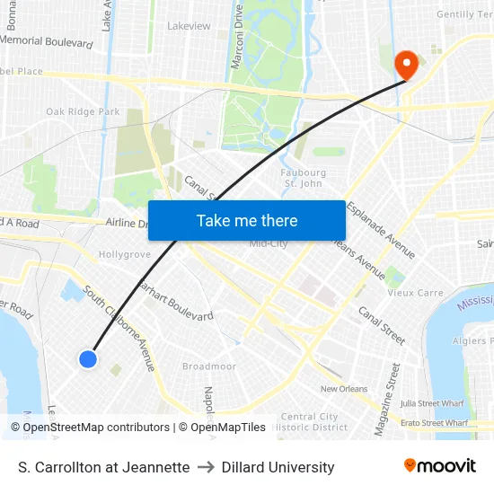 S. Carrollton at Jeannette to Dillard University map