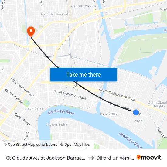 St Claude Ave. at Jackson Barracks to Dillard University map