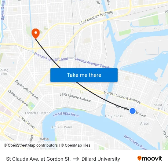 St Claude Ave. at Gordon St. to Dillard University map