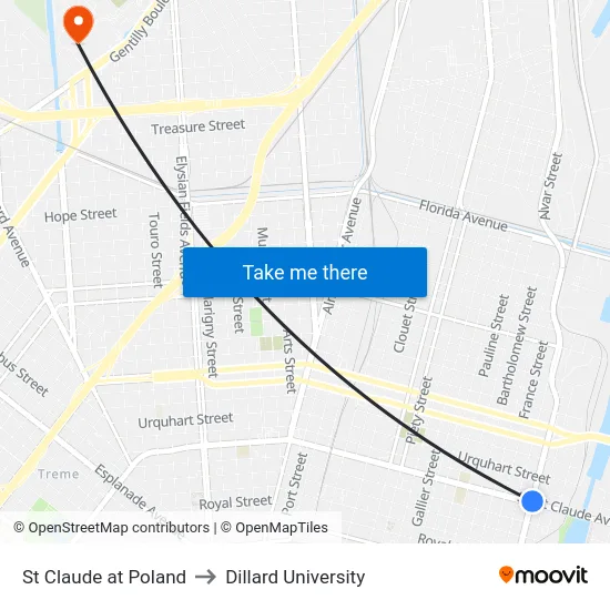 St Claude at Poland to Dillard University map