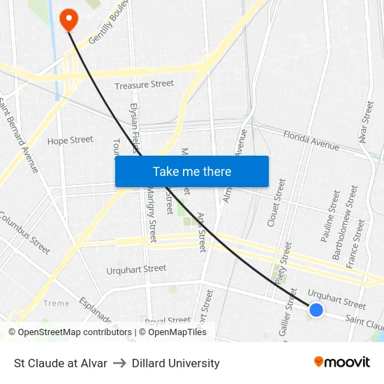 St Claude at Alvar to Dillard University map