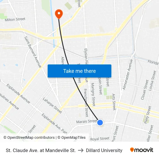 St. Claude Ave. at Mandeville St. to Dillard University map