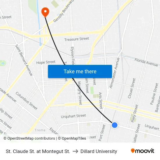 St. Claude St. at Montegut St. to Dillard University map