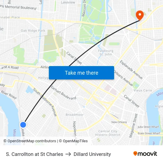S. Carrollton at St Charles to Dillard University map