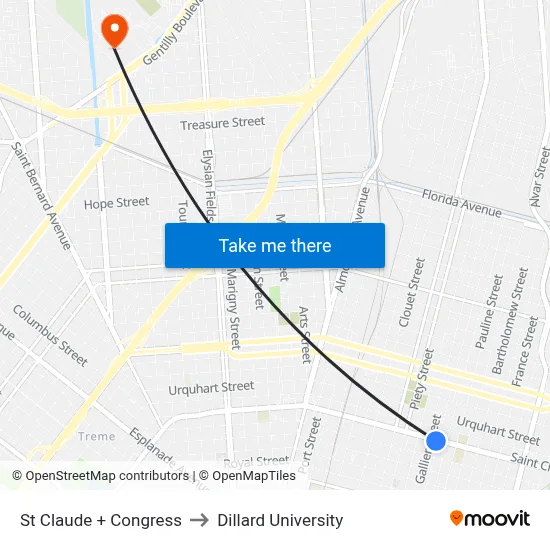 St Claude + Congress to Dillard University map