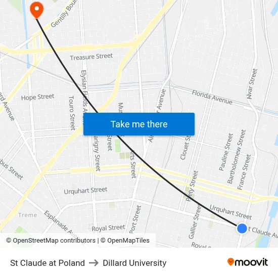 St Claude at Poland to Dillard University map