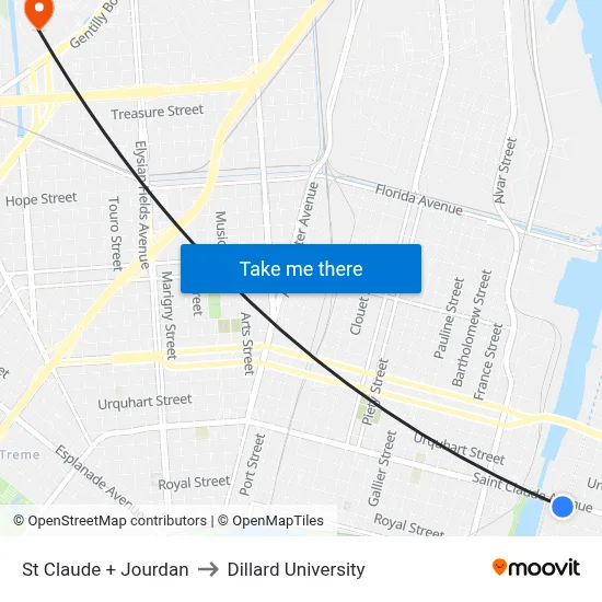St Claude + Jourdan to Dillard University map