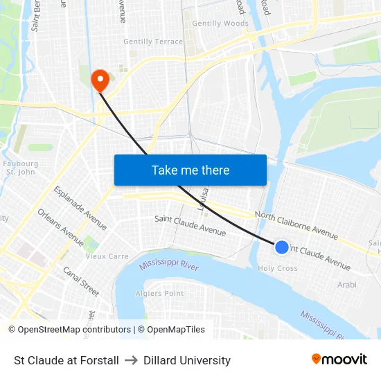 St Claude at Forstall to Dillard University map