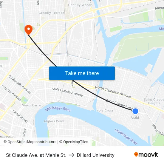 St Claude Ave. at Mehle St. to Dillard University map