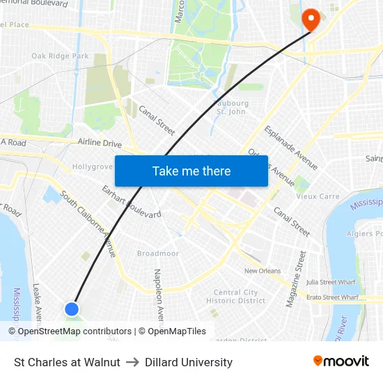 St Charles at Walnut to Dillard University map