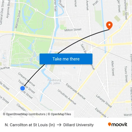 N. Carrollton at St Louis (In) to Dillard University map