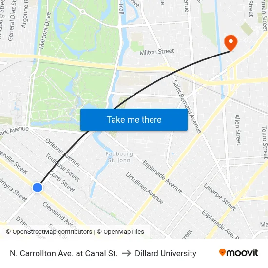 N. Carrollton Ave. at Canal St. to Dillard University map