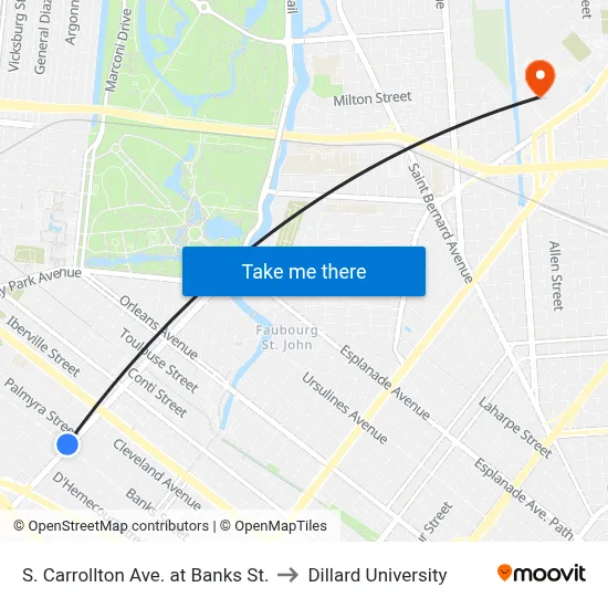 S. Carrollton Ave. at Banks St. to Dillard University map