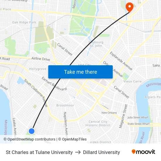 St Charles at Tulane University to Dillard University map