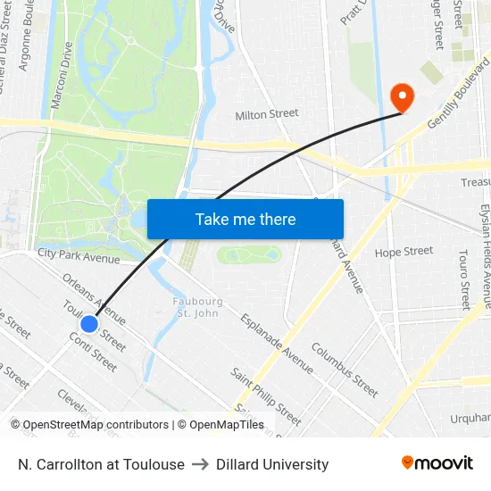 N. Carrollton at Toulouse to Dillard University map