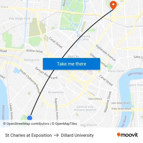 St Charles at Exposition to Dillard University map