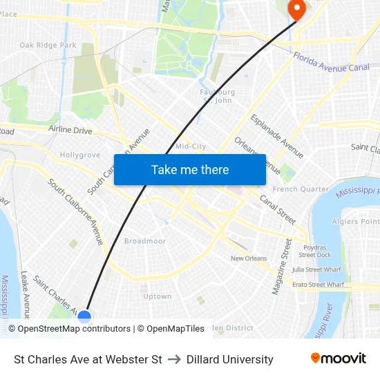 St Charles Ave at Webster St to Dillard University map