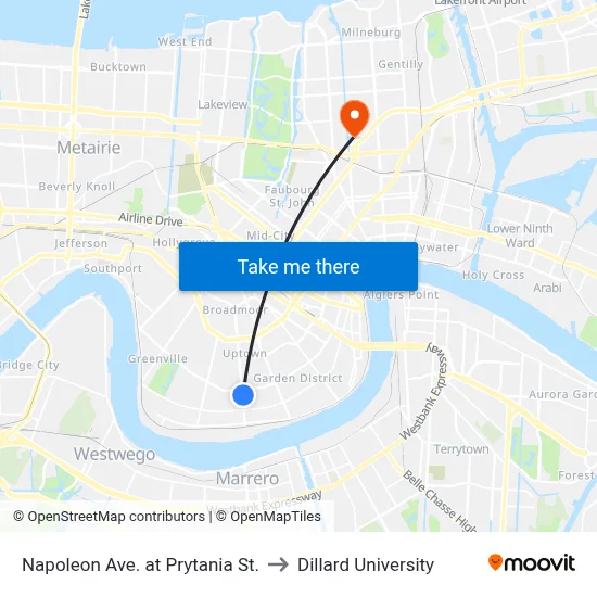 Napoleon Ave. at Prytania St. to Dillard University map