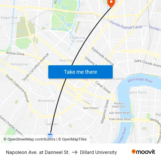 Napoleon Ave. at Danneel St. to Dillard University map