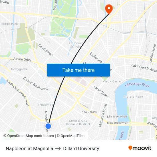 Napoleon at Magnolia to Dillard University map