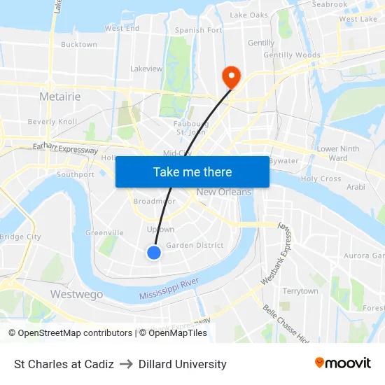 St Charles at Cadiz to Dillard University map