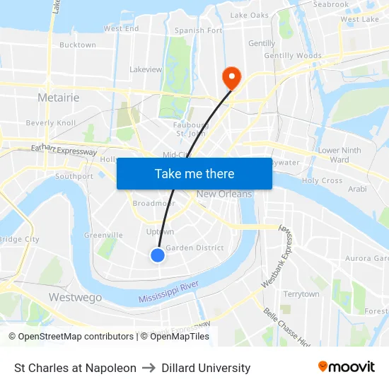 St Charles at Napoleon to Dillard University map