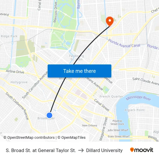 S. Broad St. at General Taylor St. to Dillard University map