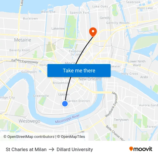 St Charles at Milan to Dillard University map
