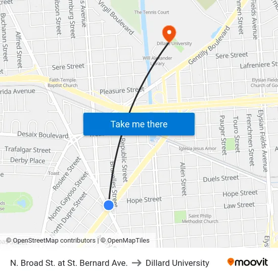 N. Broad St. at St. Bernard Ave. to Dillard University map