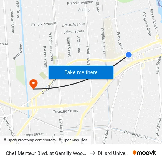 Chef Menteur Blvd. at Gentilly Woods Mall to Dillard University map