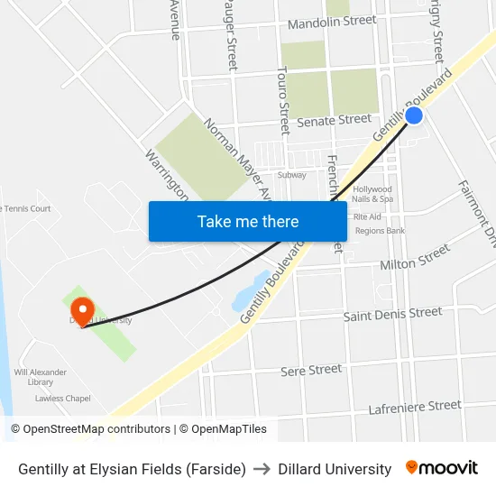 Gentilly at Elysian Fields (Farside) to Dillard University map