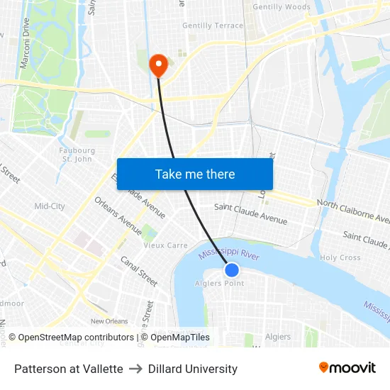 Patterson at Vallette to Dillard University map