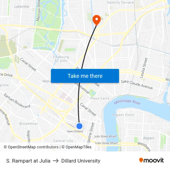 S. Rampart at Julia to Dillard University map
