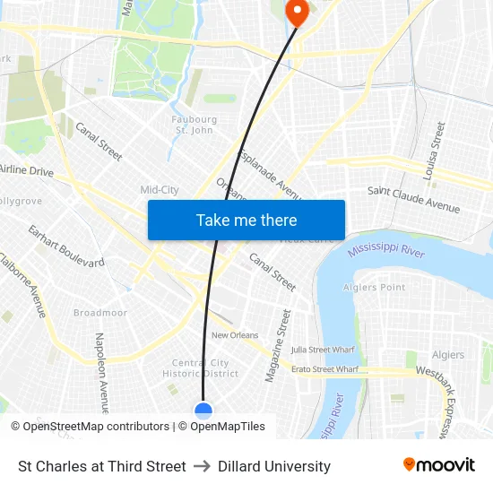 St Charles at Third Street to Dillard University map
